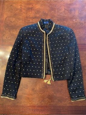Vintage Black Cropped Embellished Evening Jacket with Gold Braid Trim